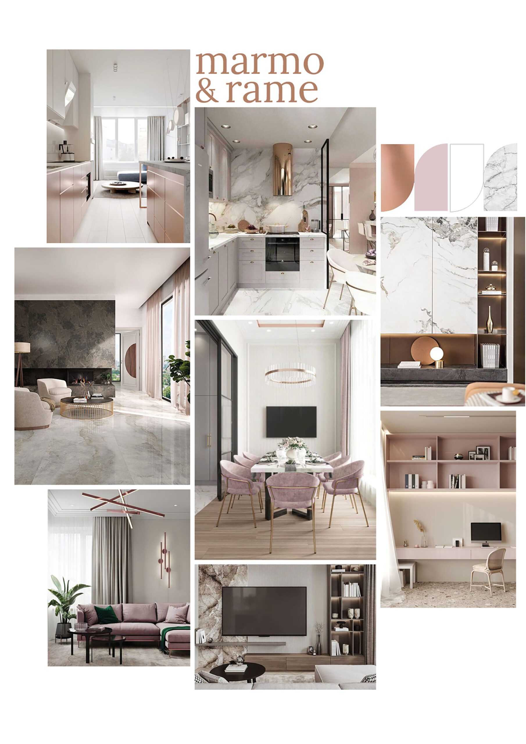 moodboard interior ispirata a marmo e rame